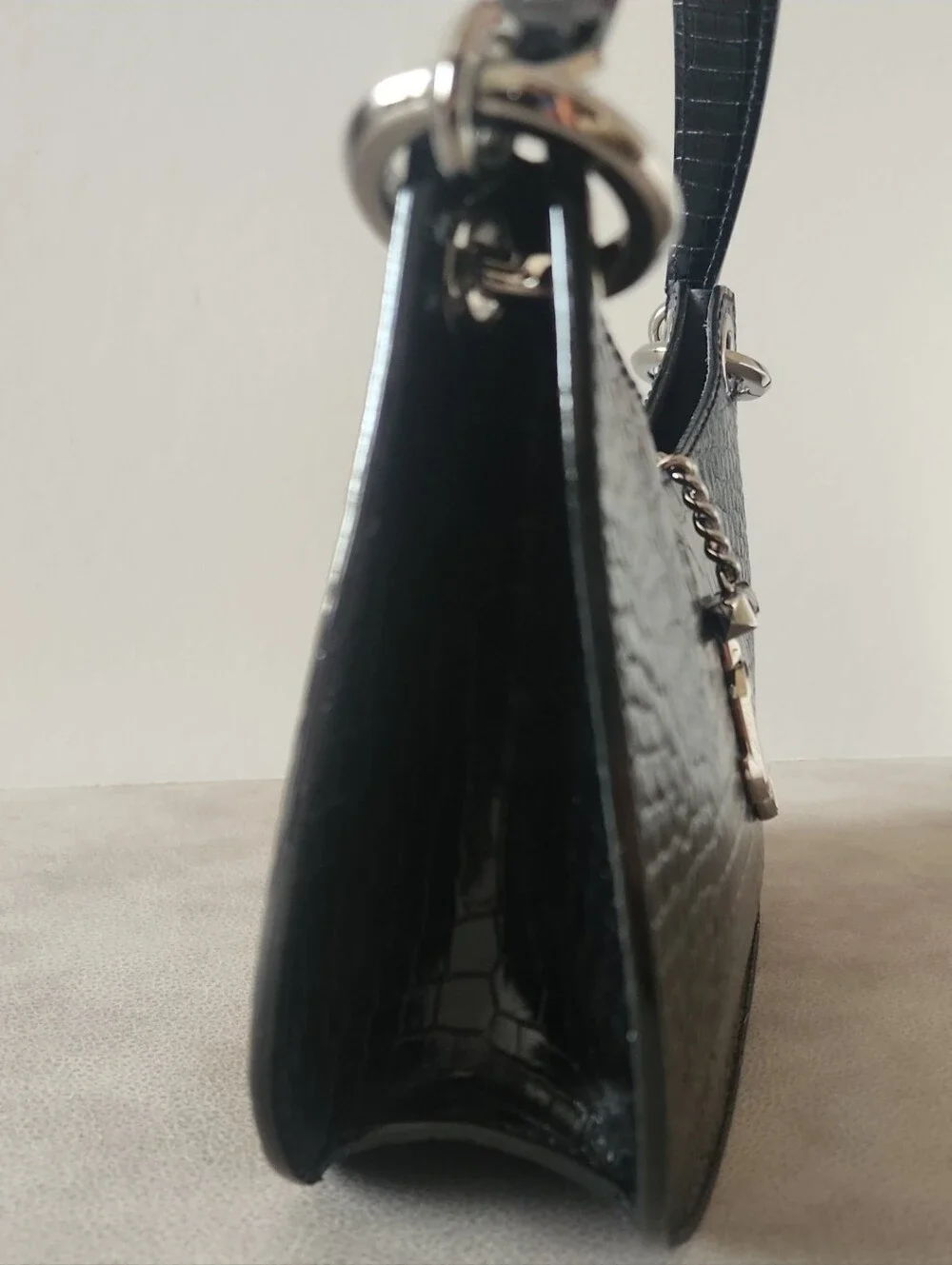 Authentic Jimmy Choo Black Croc-Embossed Shoulder Bag with Silver Hardware